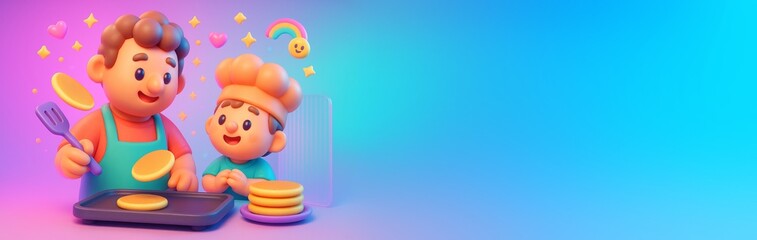 Obraz premium Cute cartoon chef characters cooking pancakes with happy expressions on colorful background, ideal for food promotion or kids content mockup. Ai generative