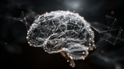 Digital brain with glowing connection dots and neural network pathways in computer generated 3D render. Artificial intelligence concept for technology, innovation and data processing projects