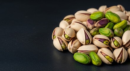 Pile of shelled and unshelled pistachios on a dark surface