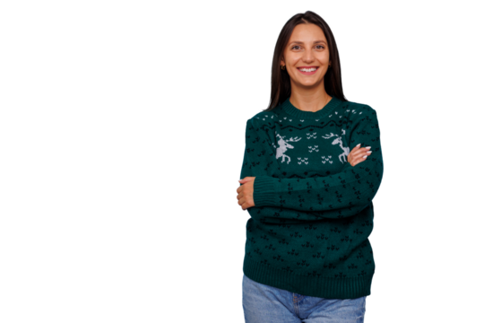 Woman smiling, wearing festive christmas sweater, celebrating winter holidays, transparent background - Powered by Adobe