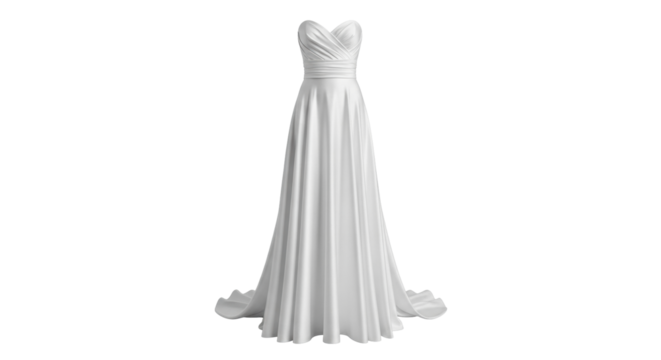 Isolated flowing strapless wedding dress, simple elegant bridal gown for a wedding or event