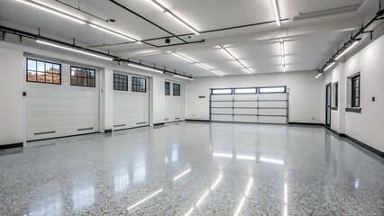 Obraz premium Spacious empty modern white garage interior with glossy epoxy floor and closed doors 