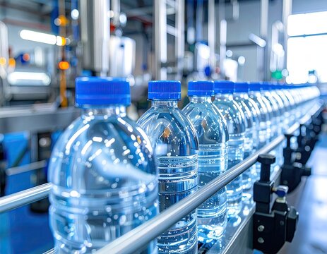 Plastic water bottles on a conveyor belt in a bottling plant