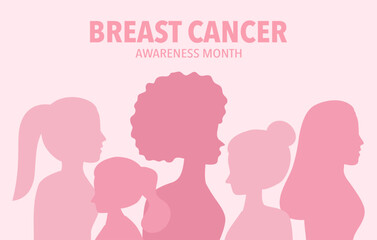 Breast Cancer Awareness Month banner. Silhouette of women in flat design.