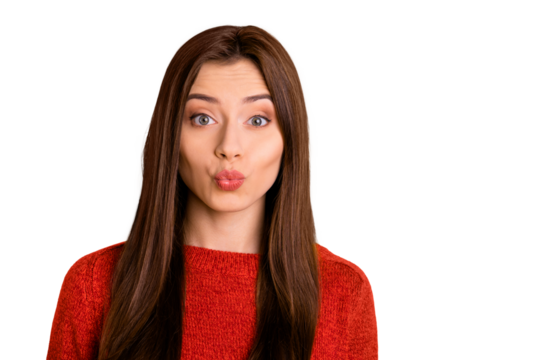 Close up photo of lovely funny funky girl make her lips pouted pl;um enjoy free time with best friends wear red jumper isolated over yellow color background