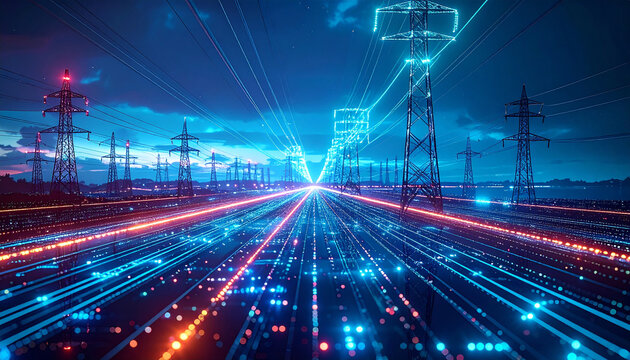 Energy Highway: A vivid futuristic depiction of a modern energy grid, electric lines, and towers, with digital light trails illuminating the landscape, symbolizes the seamless flow of power. 