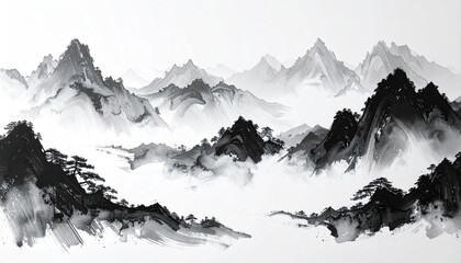 Ink wash landscape of misty mountains