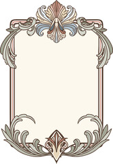 Art Deco, Art Nouveau. Modern frame of symmetrical botanical elements with a vintage feel and border for branding, advertising, and wedding design. Digital illustration.