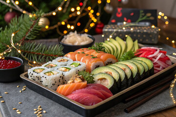 Festive Christmas Sushi Platter with Tree Lights