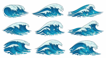 Collection of Nine Dynamic Blue Ocean Waves with White Foam Crests.