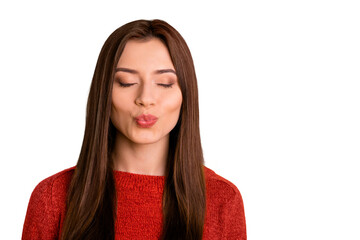 Close up photo of calm peaceful positive girl close her eyes imagine she has date with luxurious...