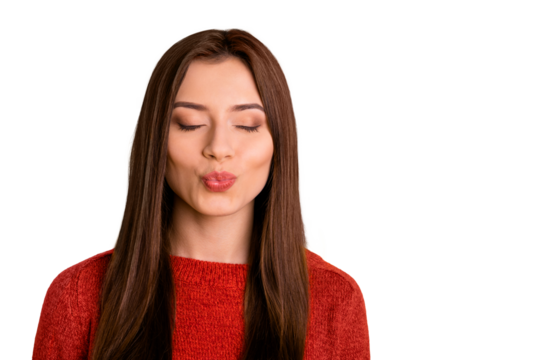 Close up photo of calm peaceful positive girl close her eyes imagine she has date with luxurious guy send air kisses wear good look outfit isolated over yellow color background