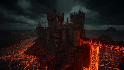 Camera panning from wide shot of fortress perched on lava cliff, revealing bridge and lava flows - Powered by Adobe