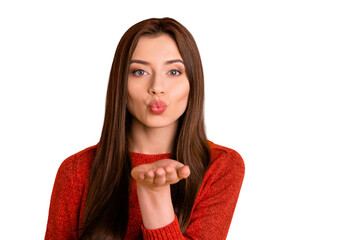 POrtrait of lovely pretty girl feel romance romantic hold her hand send air kisses have date enjoy...