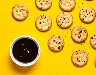 Fototapeta premium Round crackers scattered on a bright yellow surface, with a small white bowl of dark sauce in the center