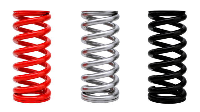 Three coiled springs in red silver and black isolated on transparent background