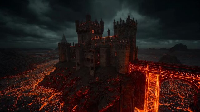 Camera panning from wide shot of fortress perched on lava cliff, revealing bridge and lava flows