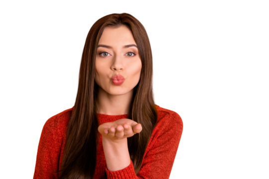 POrtrait of lovely pretty girl feel romance romantic hold her hand send air kisses have date enjoy 14-february wear red jumper outfit isolated over yellow color background