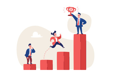 businessman winning trophy on highest bar chart standing above competitors