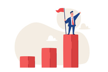 businessman with flag standing on highest rising bar chart