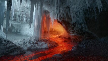 Flowing glowing lava stream entering icy cavern from right side, illuminating and melting icicles - Powered by Adobe