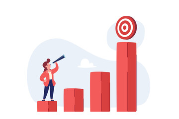 businesswoman with telescope looking at target on highest bar chart