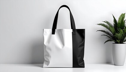Black and white tote bag on white surface