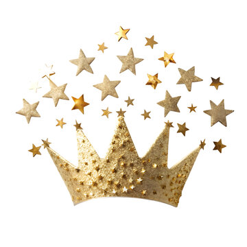 Golden crown with scattered stars isolated on transparent background