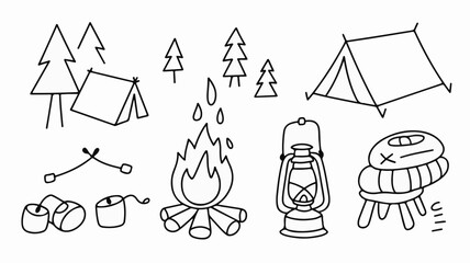 Charming hand-drawn camping icons capture the essence of outdoor adventure perfect for travel blogs, invitations, or cozy storybooks.