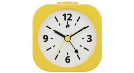 Isolated yellow analog alarm clock set at 10 after 5 thirty pm showing time reminder