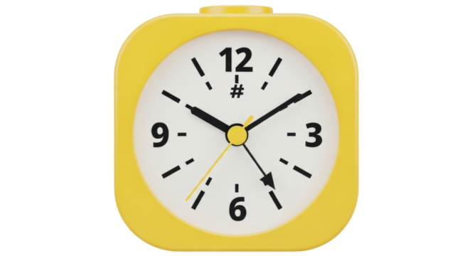 Isolated yellow analog alarm clock set at 10 after 5 thirty pm showing time reminder