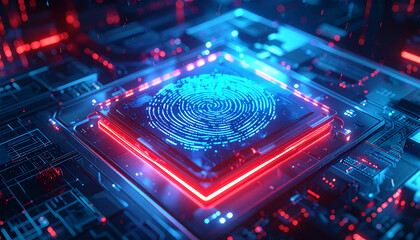 Cybernetic fingerprint: A state-of-the-art depiction of a digital fingerprint, illuminated within a motherboard's intricate circuitry, illustrating the convergence of technology and identity.
