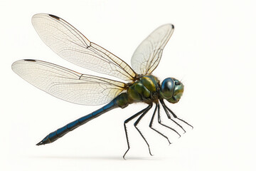 Side view of a dragonfly on a white background.