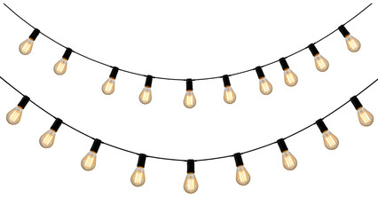 String of glowing teardrop shaped light bulbs isolated on transparent background