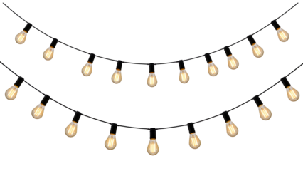 String of glowing teardrop shaped light bulbs isolated on transparent background