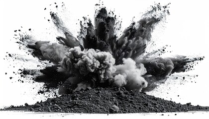 Dark powder explosion against white background
