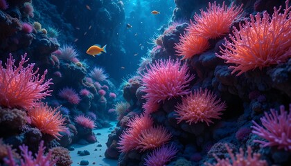 A glowing underwater world of neon corals, luminous fish