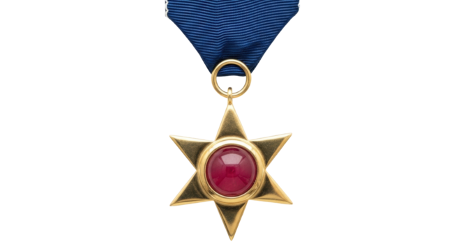 Isolated Shiny Gold Star Medal with a Deep Red Jewel and a Dark Blue Neck Ribbon - Powered by Adobe