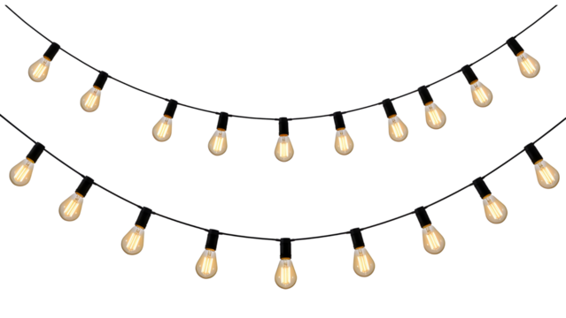 String of glowing teardrop shaped light bulbs isolated on transparent background