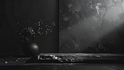 Dark, minimalist, stone pedestal display with dried flowers