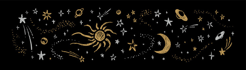 Hand drawn crayon night sky outer space background. Sun, moon, shooting stars, comets golden pastel drawing. Celestial zodiac, yoga, astrology pencil handdrawn design. Solar system planets © Kseniia