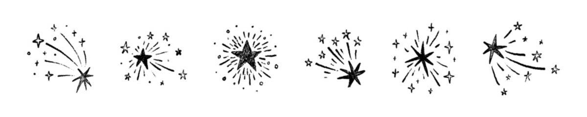 Set of hand drawn crayon grunge stars. Line drawing with paint brush texture. Kids chalk sketch on the blackboard. Pastel, pencil, charcoal scribbles. Outer space, comet, falling shooting star symbol