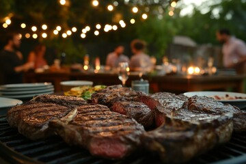 Evening backyard barbecue with grilled steaks and friends gathering
