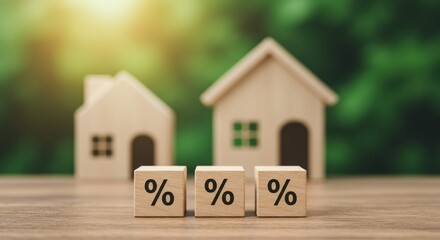 Wooden Percentage Blocks in Front of Small Houses on a Table with Blurred Green Background