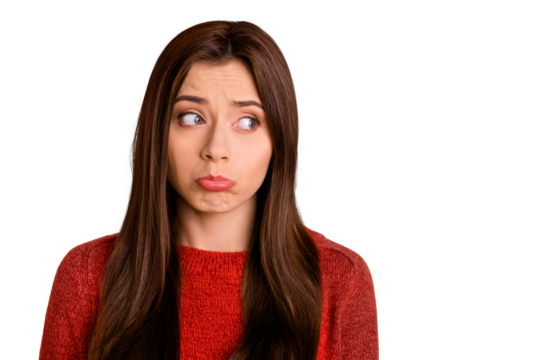 No one loves me.... Portrait of discontent unhappy woman have communication relationship problem suffer from autumn melancholy stare cry wear red jumper isolated over bright color background