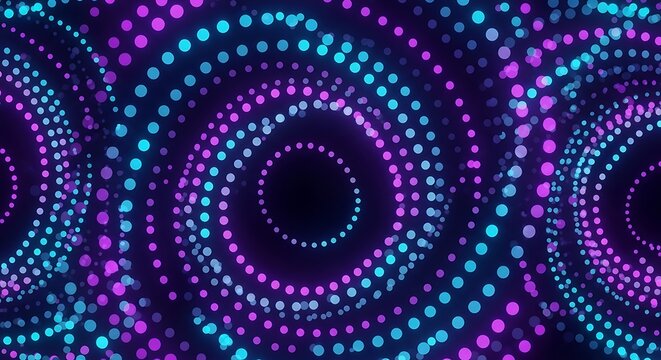 Abstract graphic design featuring concentric circles of glowing dots in vibrant purple and teal hues against a dark background.