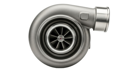 Isolated silver turbocharger engine component for motorsport enhancement, speed performance