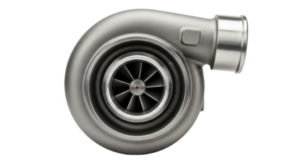 Isolated silver turbocharger engine component for motorsport enhancement, speed performance
