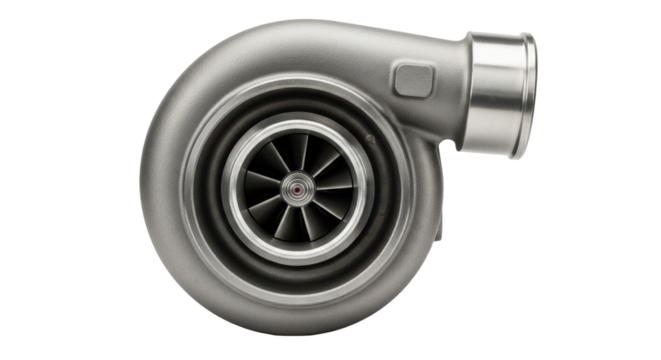 Isolated silver turbocharger engine component for motorsport enhancement, speed performance