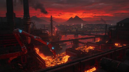Glowing molten metal pulsing at dusk in smelting plant, with hovering robotic manipulator arm - Powered by Adobe